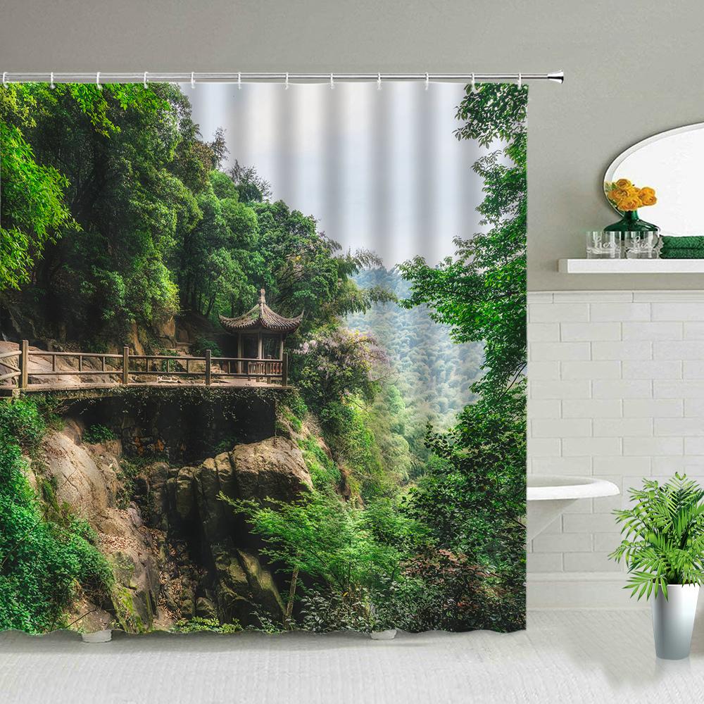 Лесной Ландшафт Шторки для Душа Зеленое Тропическое Растение Пальма Цветок Листья Сад Природный Пейзаж Декор Ванной Комнаты Шторка для Ванны