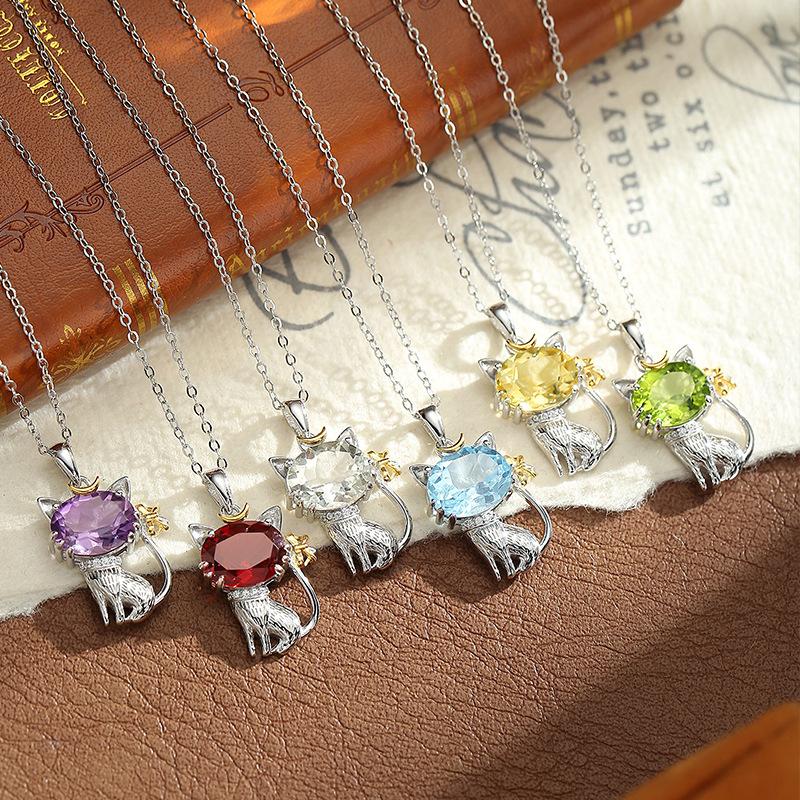 Natural crystal stone cat pendant S925 sterling silver necklace women's niche cute style girl gift jewelry