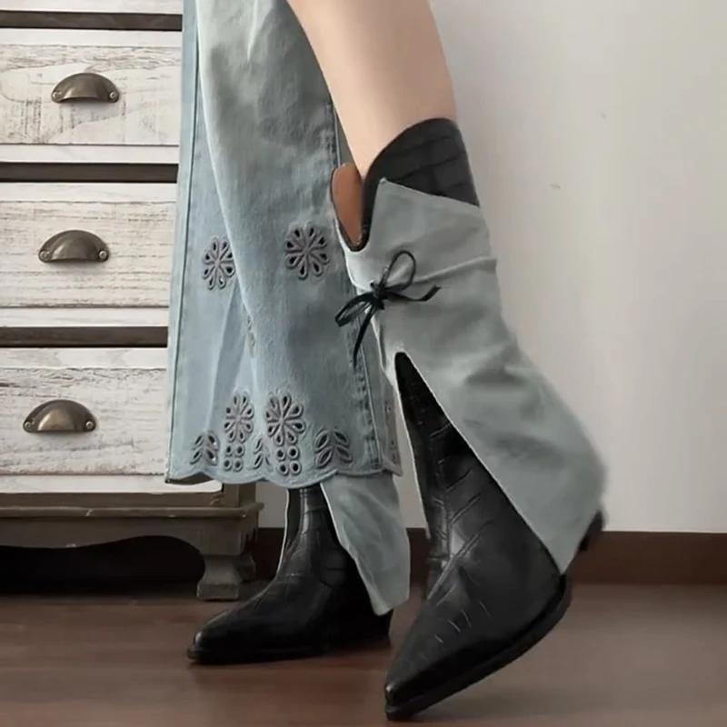 2025 Новые Осенне-Зимние Женские Ботинки в Стиле Вестерн Ковбойские Винтажные Ботинки с Острым Носком Женские Ботинки на Толстом Каблуке Короткие Боты Zapatos De Mujer