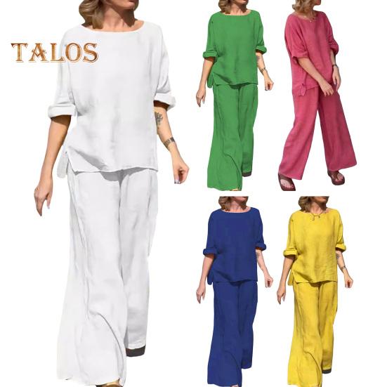 2Pcs/Set Women Casual Outfit O-neck Long Sleeve Tops Elastic Waist Wide Leg Long Pants Set Solid Color Loungewear