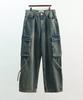 Deulouem Strap Washed Wide Cargo Denim Pants
