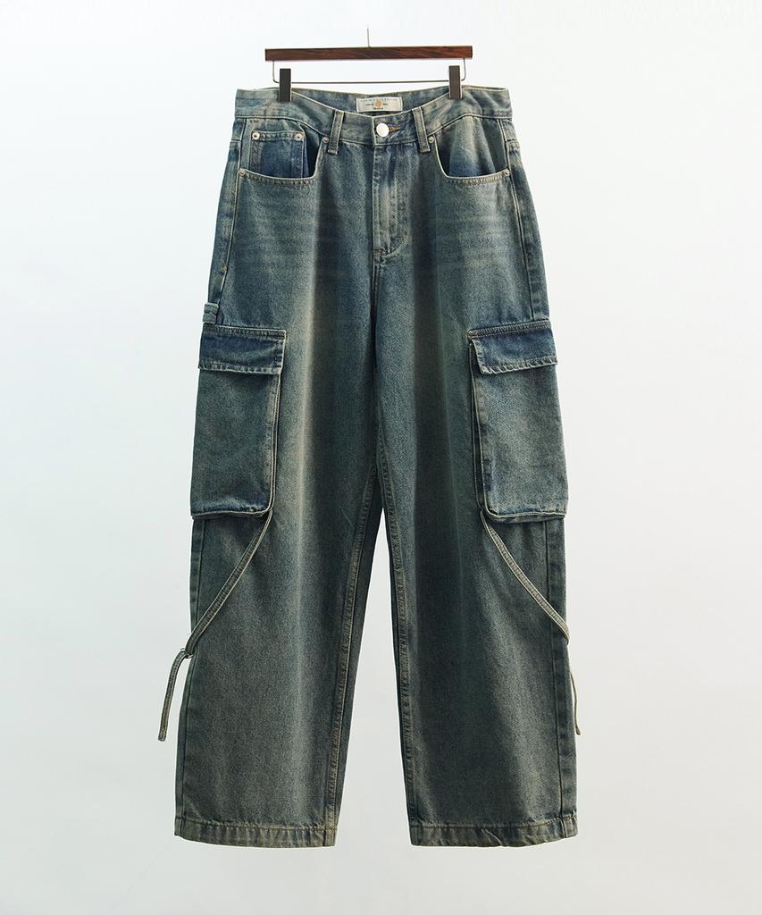 Deulouem Strap Washed Wide Cargo Denim Pants