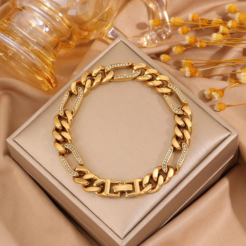 Женский браслет-кубинская цепь из титановой стали с покрытием из 18-каратного золота и инкрустацией бриллиантами - Роскошная европейская и американская мода