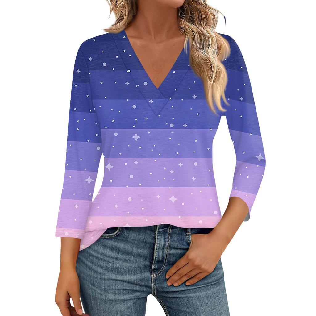 Женские рубашки с рукавом 3/4, топы с принтом и V-образным вырезом, повседневные топы, базовые футболки, блузки, свободные топы