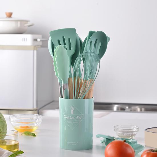 Silicone Kitchenware Set with Wooden Handles Heat Resistant Turner Tongs Spatula Spoon Brush Whisk Nonstick Cooking Tools
