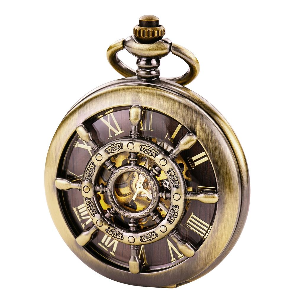 TREEWETO Bronze Double Cover Roman Numeral Dial Skeleton Pocket Watch Men's Women's