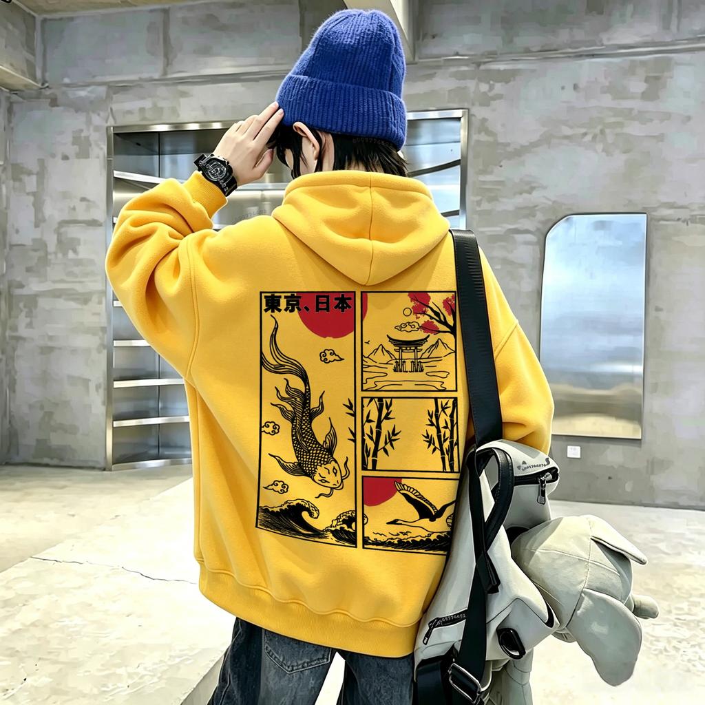 Japanese style, retro, ukiyo-e style carp, crane and mountain pattern children's casual long-sleeved street hooded jacket
