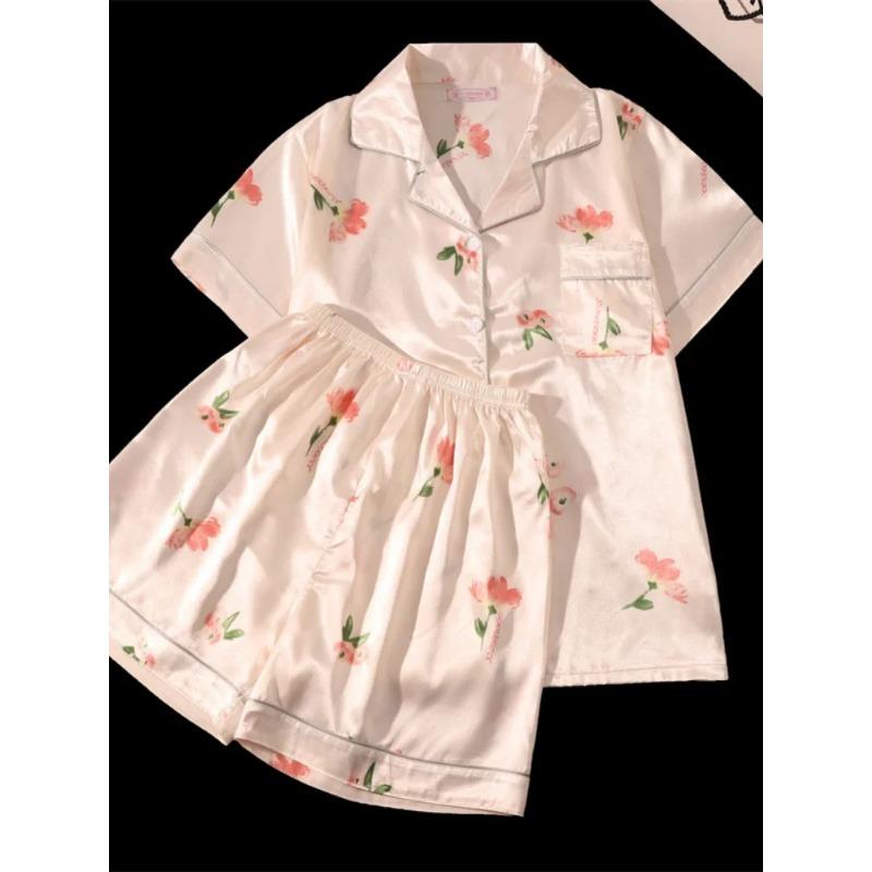 Faux Silk Women's Flower Pajamas Set Button Down Top & Shorts 2 Pieces Set Satin Nightwear Loungewear for Summer Sleepwear