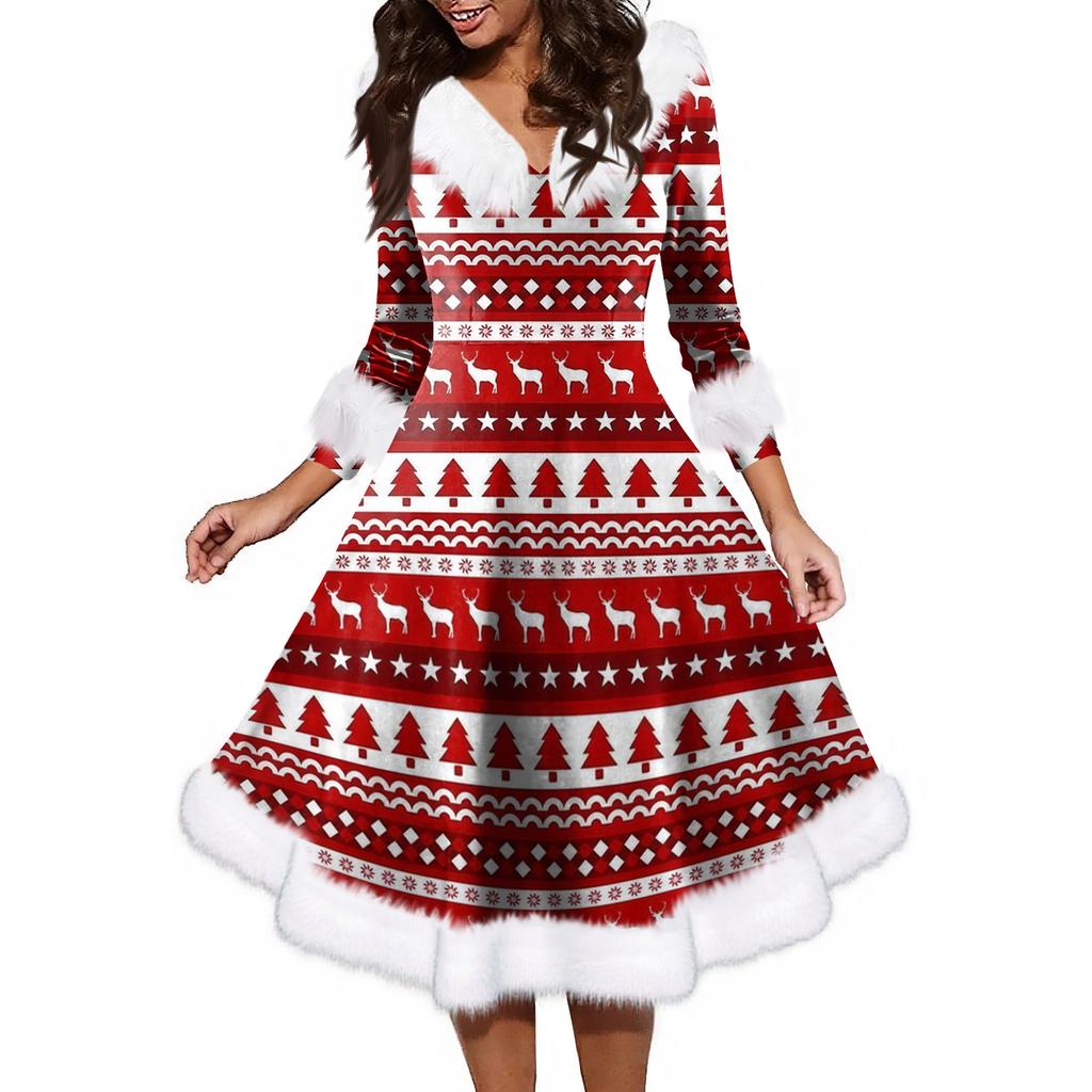 Женское модное повседневное платье с v-образным вырезом и рождественским принтом для вечеринки с длинными рукавами