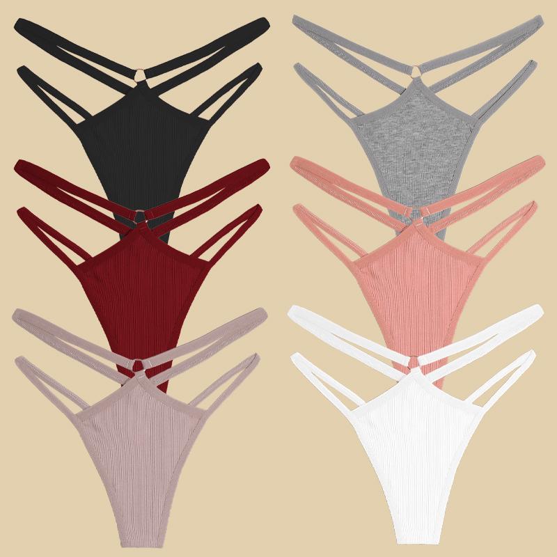 FINETOO 6Pcs Cotton Double Belts Underwear Women Sexy Metal Ring Thongs Low Waist Erotic Lingerie Breathable Comfort Intimates