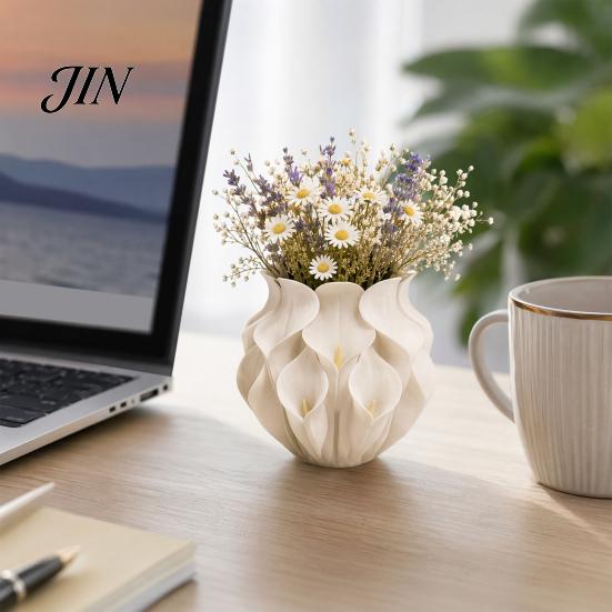 Preserved Flower Container 3D Printed Calla Lily Relief Vase, Mini Decorative Vase for Dried Flowers, Minimalist Matte Soft Texture White Desk