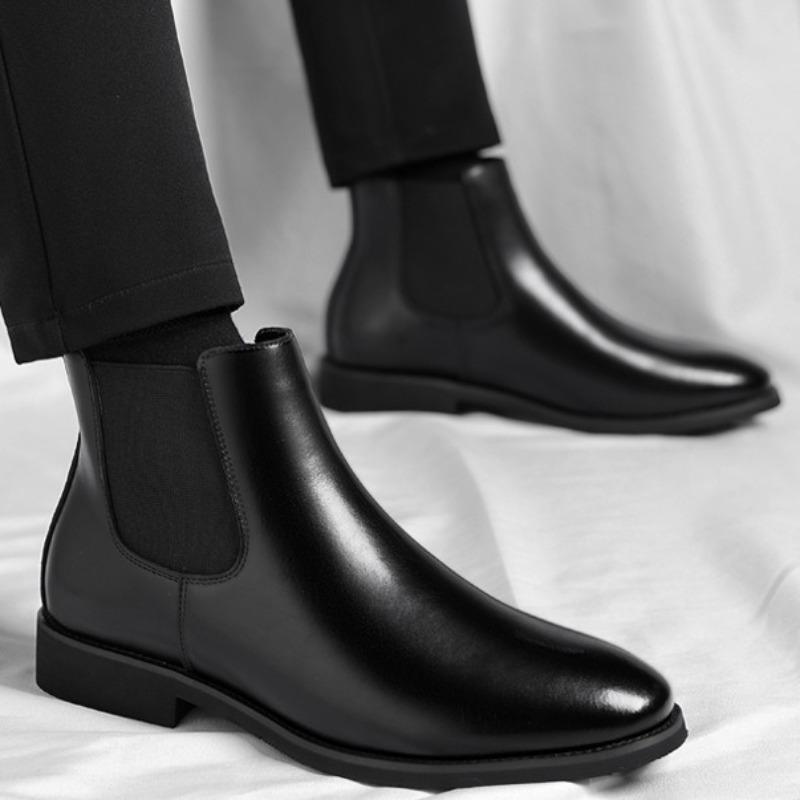 Men Chelsea Boots British Style Business Leather Boot Fashion Casual High Top Boots Men's Winter Plush Warm Business Dress Boots