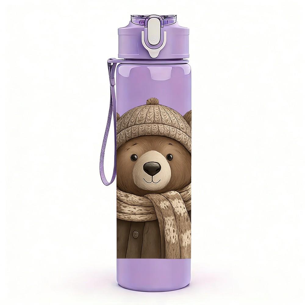 1PC Warm Scarf Bear Cartoon 750ml Color Plastic Sports Water Bottle Leakproof Flip Straw Lid Suitable for Sports Office Home Use