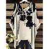 BohemianTunic Top for Women | Elegant Black & White Floral Design Round Nec Flowy Hem Perfect for Casual or Vacation Style