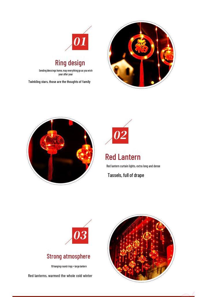 2025 New Year Red Lantern LED Curtain String Lights - Home Atmosphere Decoration with Fu Character