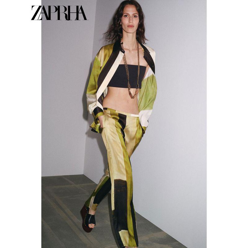 Zaprha 2025 Summer New Advanced Fashion Silk Satin Satin Texture Print Mid-Waist Straight Pants 9064816