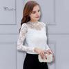 Women Bottoming Tops Stand Collar Long Sleeve Embroidery Lace Floral Pattern Pullover Tops Solid Color Slim Fit Mesh Yarn Tops