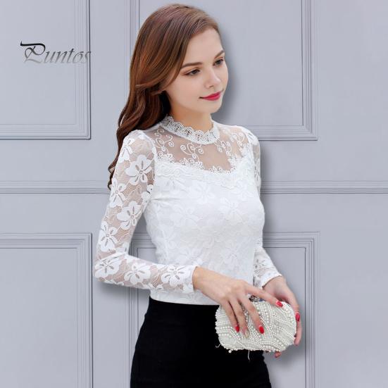 Women Bottoming Tops Stand Collar Long Sleeve Embroidery Lace Floral Pattern Pullover Tops Solid Color Slim Fit Mesh Yarn Tops