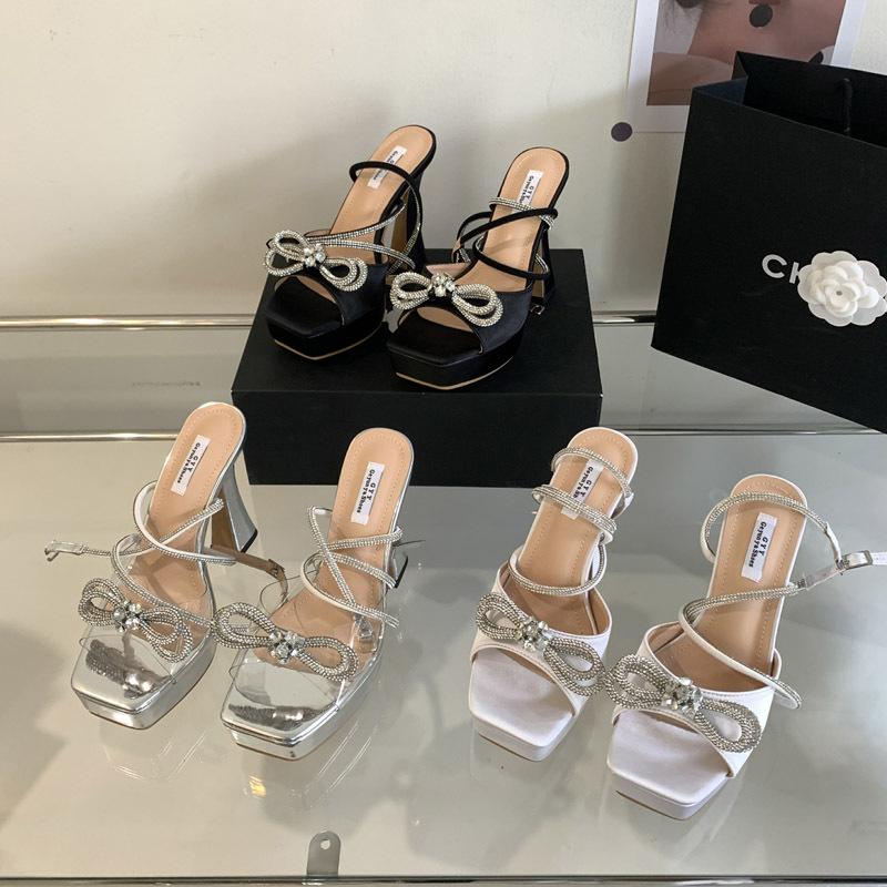 One Word with High Heels Bow Rhinestone Fairy Wind Strap Silver Stiletto High Heel Sandals