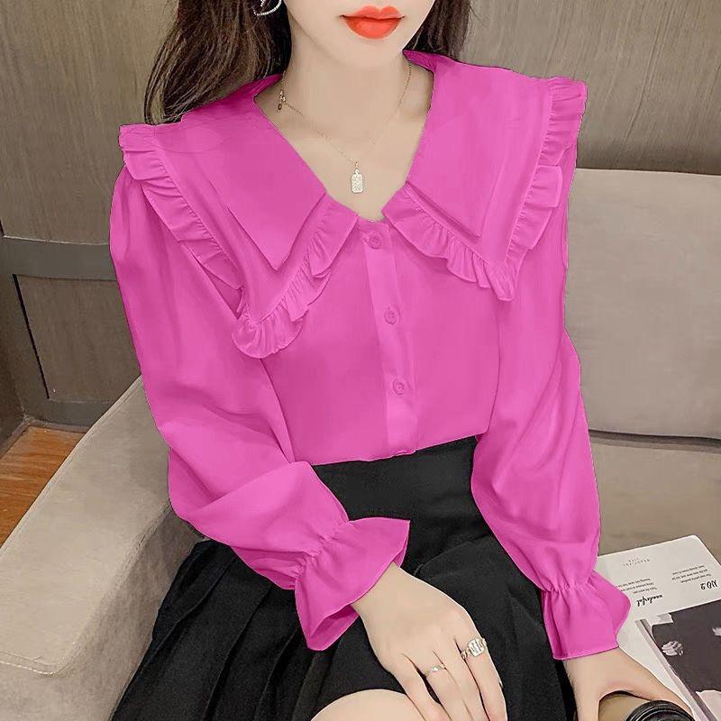 Solid Color Shirt for Women Spring Autumn New Design Sweet Fungus Edge Doll Collar Long-sleeved Top
