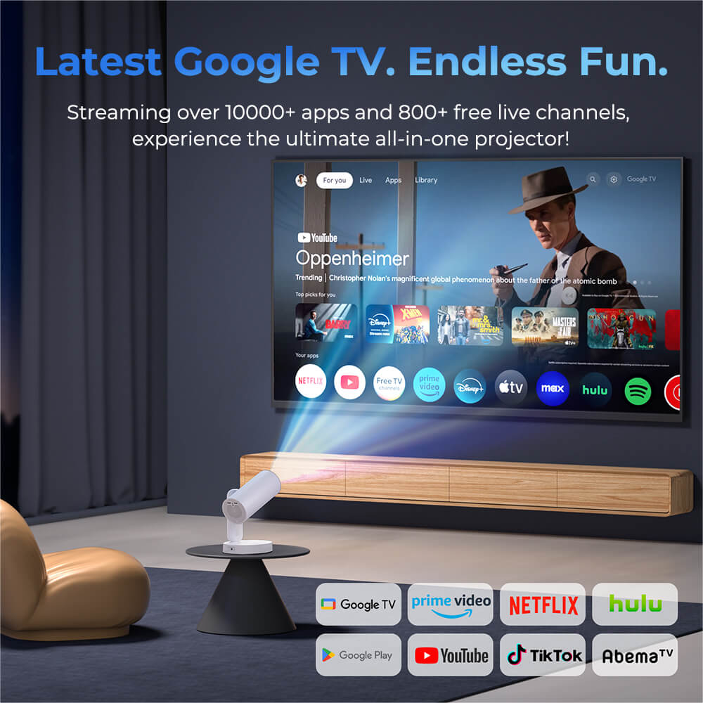 ETOE Проектор Starfish Plus со встроенным Google TV, вращение на 140°, автоматическая настройка экрана и сенсорный ночник