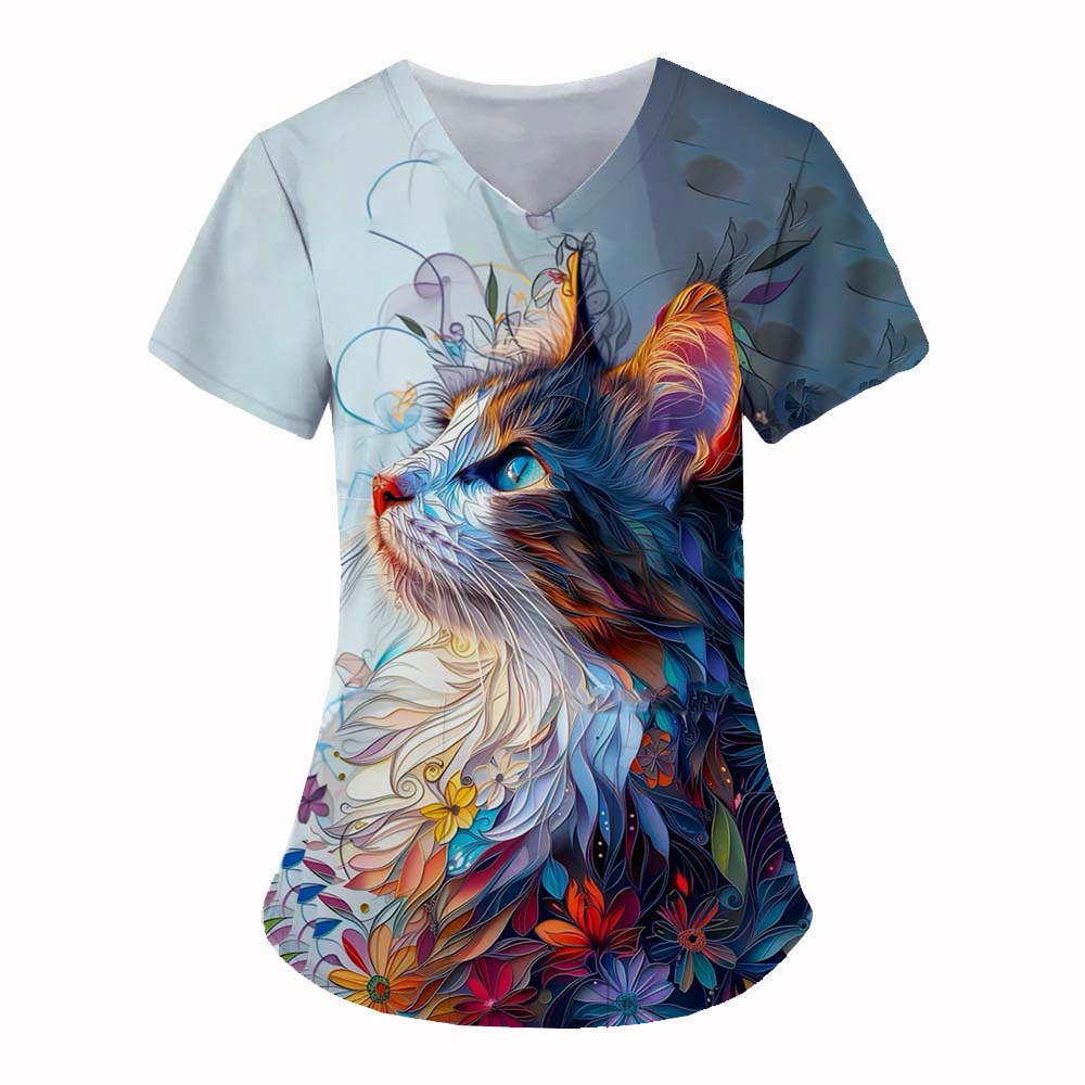 Medical Uniform for Women Cute Cat 3D Print V-Neck Clinical Uniform Short Sleeve Patch Pocket Tops Surgical Women's Uniforms