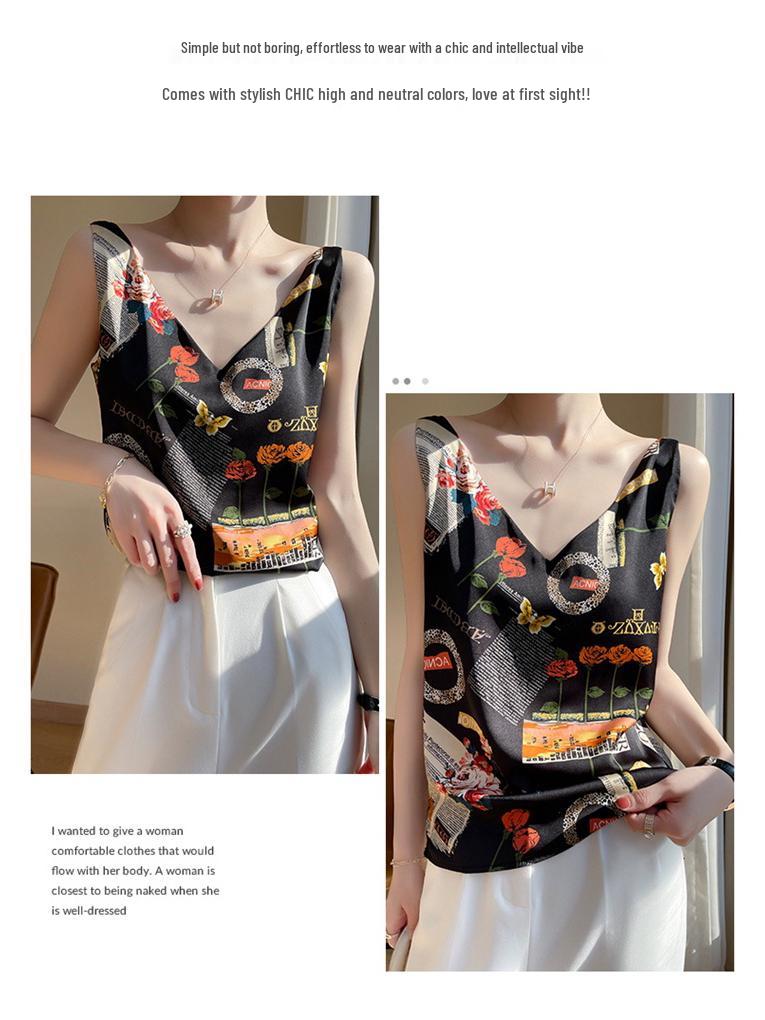 Женская шелковая майка с принтом 24 года - Топ из сатина и шелка тутового дерева с круглым и V-образным вырезом для многослойности в летнем костюме