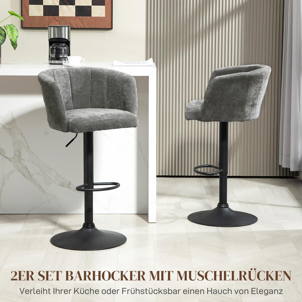 Bar Stool Set of 2, Shell Back, Height-Adjustable, Footrest, for Kitchen or Dining Room, Metal Base, Dark Grey