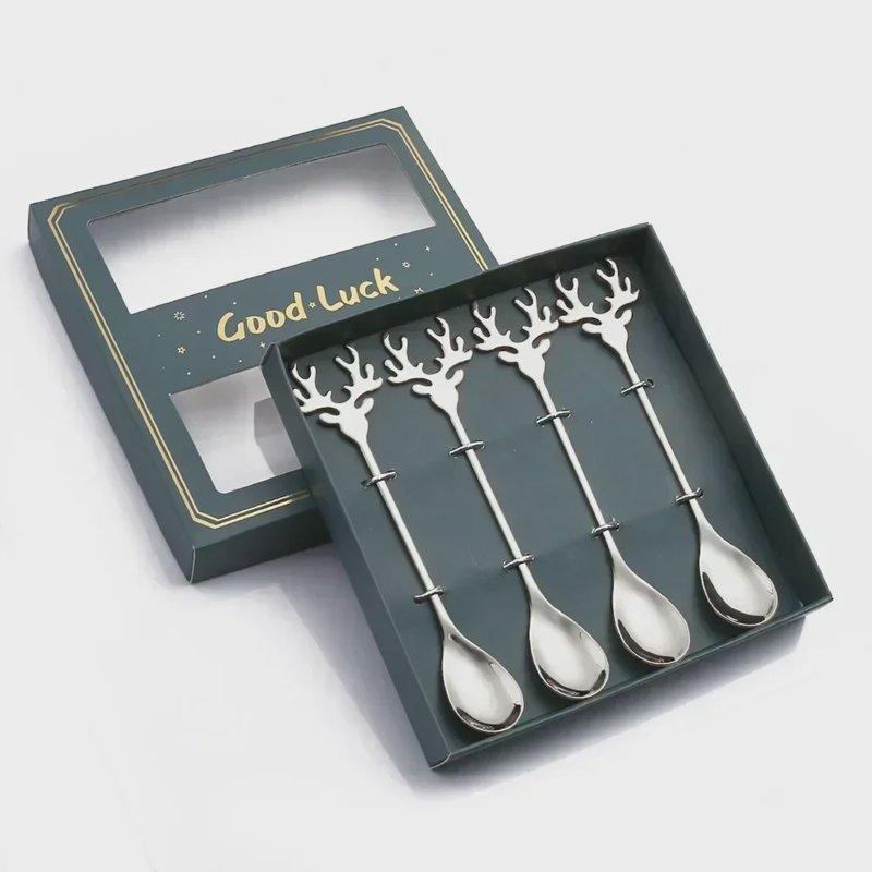 4pcs Stainless Steel Coffee Spoons Christmas Elk Head Design New Year Table Decoration Home Navidad Ornament Set