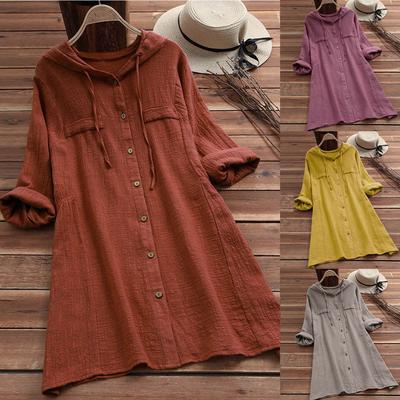 Женская повседневная пуговица размера плюс, хлопковые топы, футболка, свободная блузка с карманом и капюшоном