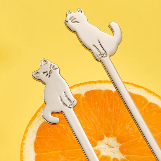 Кофейная ложка с рисунком кошки, длинная ручка, удобный захват, зеркальная полировка, многофункциональная посуда, пищевая нержавеющая сталь, десертная ложка и вилка.