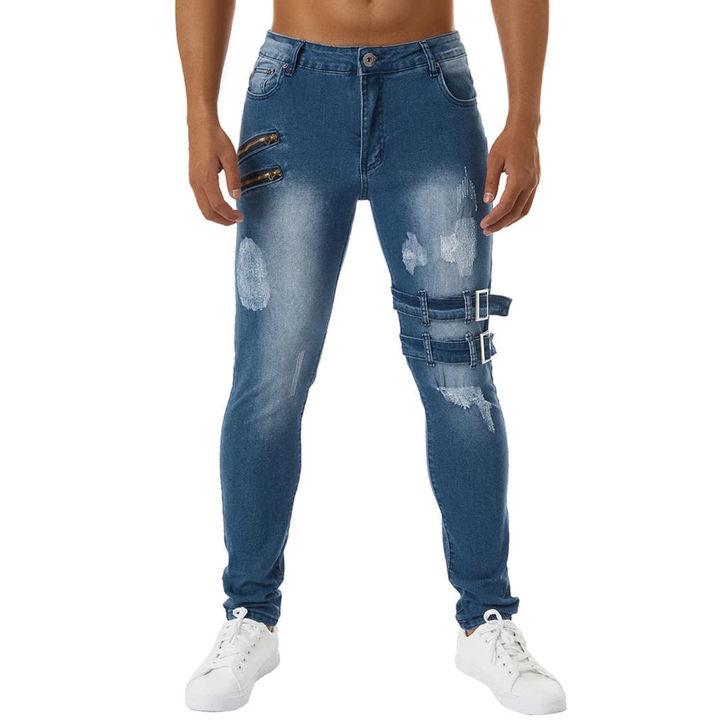 Men Jeans Solid Color Ripped Holes Frayed Gradient Washed Trousers