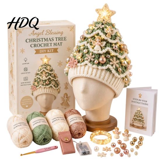 Parent Child Interaction Craft Christmas Tree Crochet Hat DIY Kit Beginner-Friendly Light-Up Kit Complete with Yarn Tools Guide for Holiday