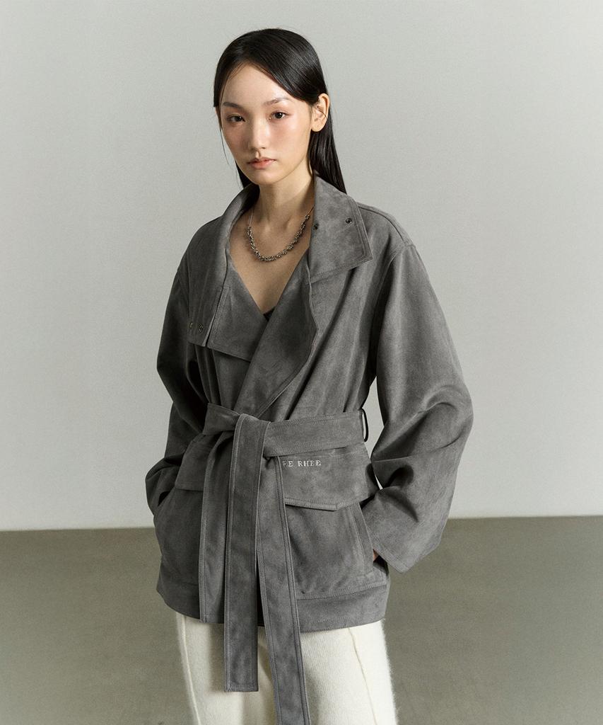 Re Rhee Suede Funnel Neck Jacket Stone