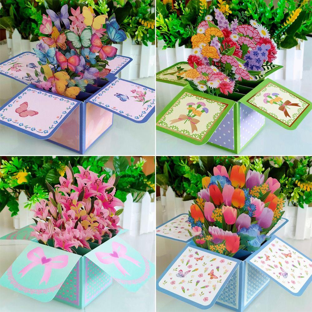 Greeting Card 3D Pops-up Bouquet Rose/Lily/Sunflower/Tulip Paper Flowers Daisy/Carnation