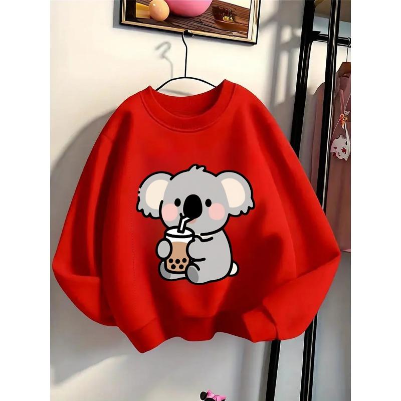 European sizes Kids' Cute Koala Drinking Bubble Tea Hoodie - Soft Round-Neck Pullover Sweatshirt, Spring/Fall Casual Wear with Bubble Tea Print