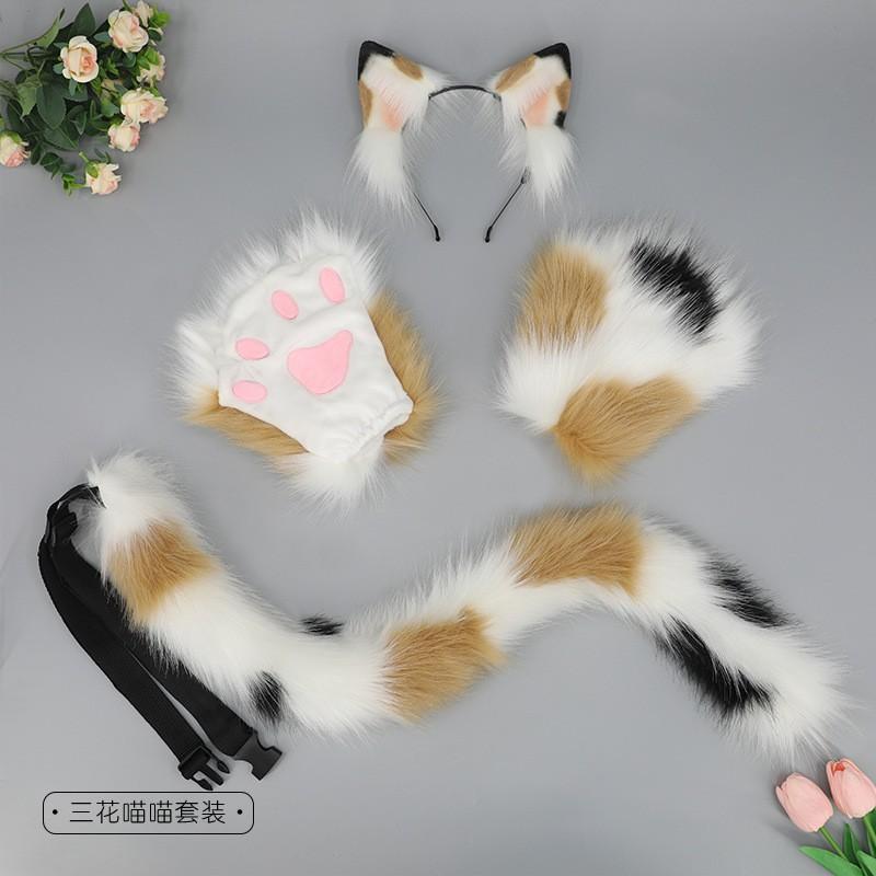 Anime Cosplay Cat Ears Headband Tail Set Paw Gloves Plush Kawaii Costume Accessory Conventions