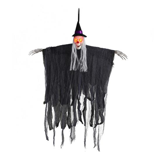 Yousheng Halloween Hanging Witch Decoration Sound Animated Flying Witch with Light-up Red Eyes for Indoor Outdoor Haunted House Decor