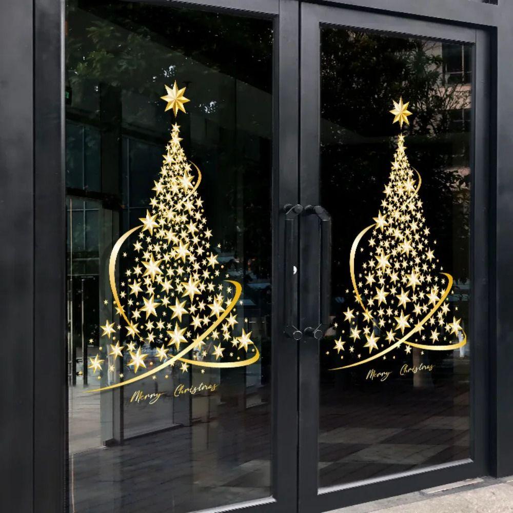 Golden Christmas Tree Window Stickers Large Decor Mural Home Decoration Xmas Decals  Party