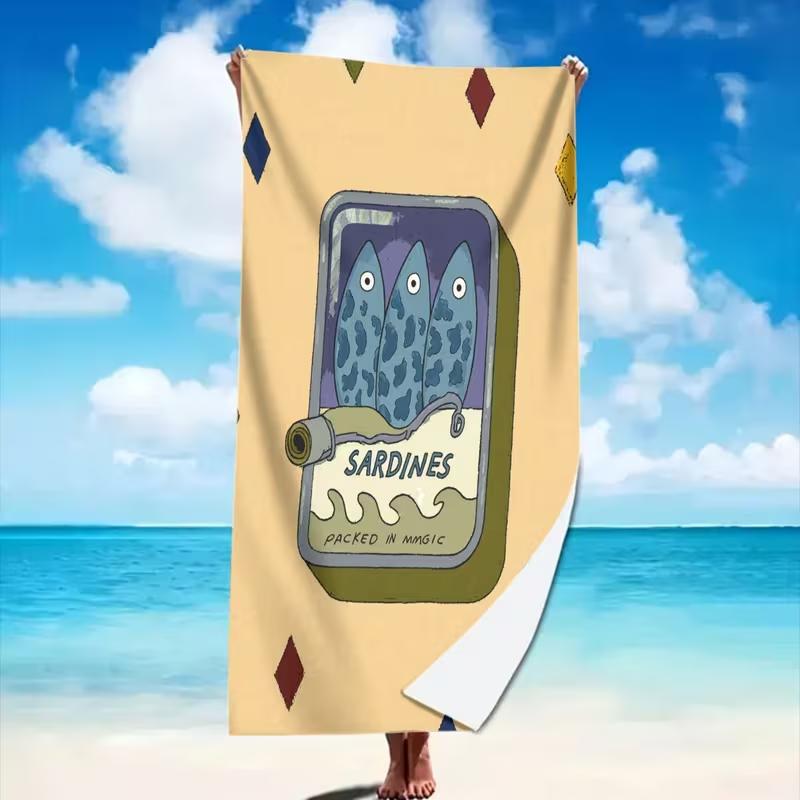 Vintage Cartoon Sardines Can Beach Towel Striped Fun Coastal Food Graphic Print Soft Absorbent Quick Dry Towel for Beach