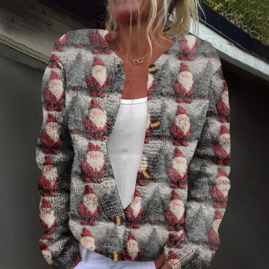 Women's Fashion Christmas Print Long Sleeve Knitted Cardigan Button Jacket