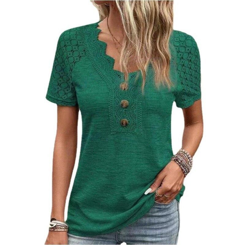 Лето 2023, футболки с v-образным вырезом, женская кружевная свободная футболка, повседневная однотонная футболка, удобная футболка с коротким рукавом 28315