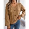 Women's Autumn and Winter Solid Color V-neck Button Twist Lantern Sleeve Pullover Sweater