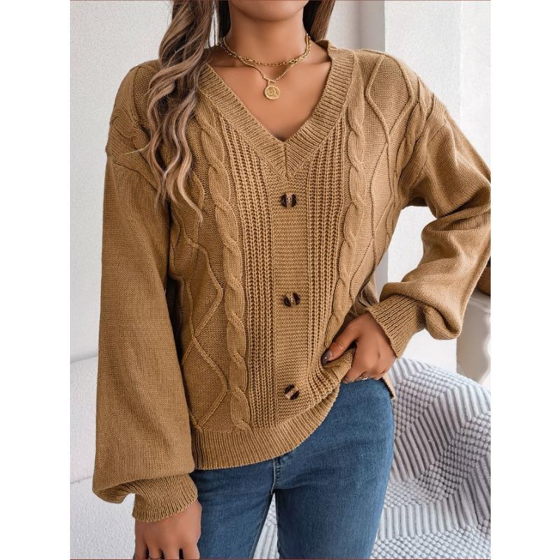 Women's Autumn and Winter Solid Color V-neck Button Twist Lantern Sleeve Pullover Sweater