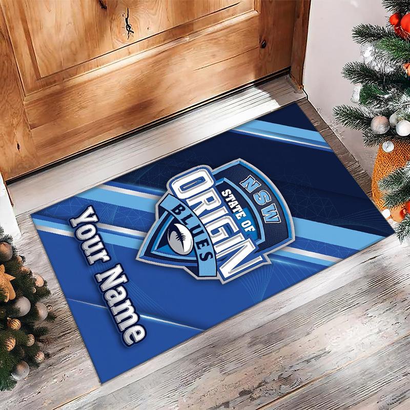 NSW Blues logo Crystal Velvet Rug, Custom Name Text Personalized Non‑Slip Floor Mat for Home Decor Gift