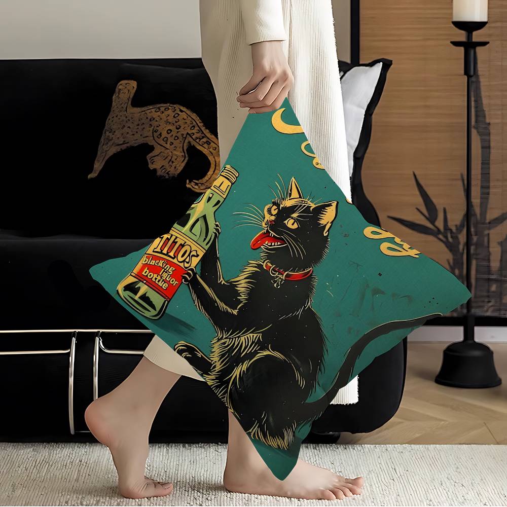 Black Drink Cat Vintage Posters Pillow Gift Home Office Decoration Bedroom Sofa Car Cushion Cover Case 45X45