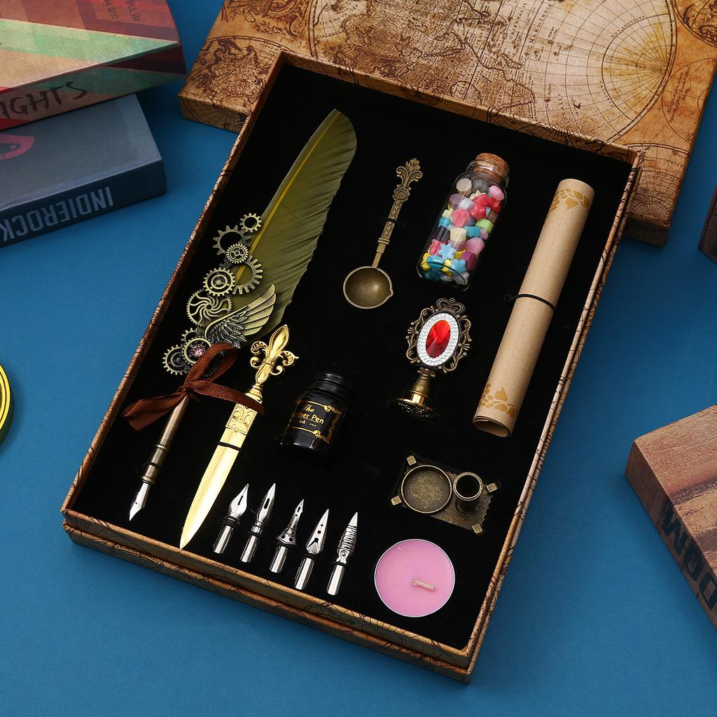 Literary And Retro Quill Gift Box, Gem Pen Set, Mechanical Gear, Steampunk Dipping Pen Gift.