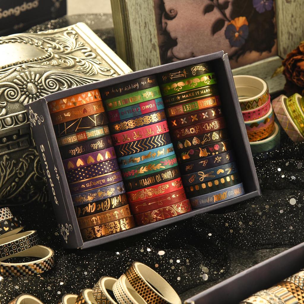 36rolls Best Wishes Washi Tapes Set Basic Pattern Gold Stamping 7mm Lace Adhesive Masking Decoration Stickers Gift Packing