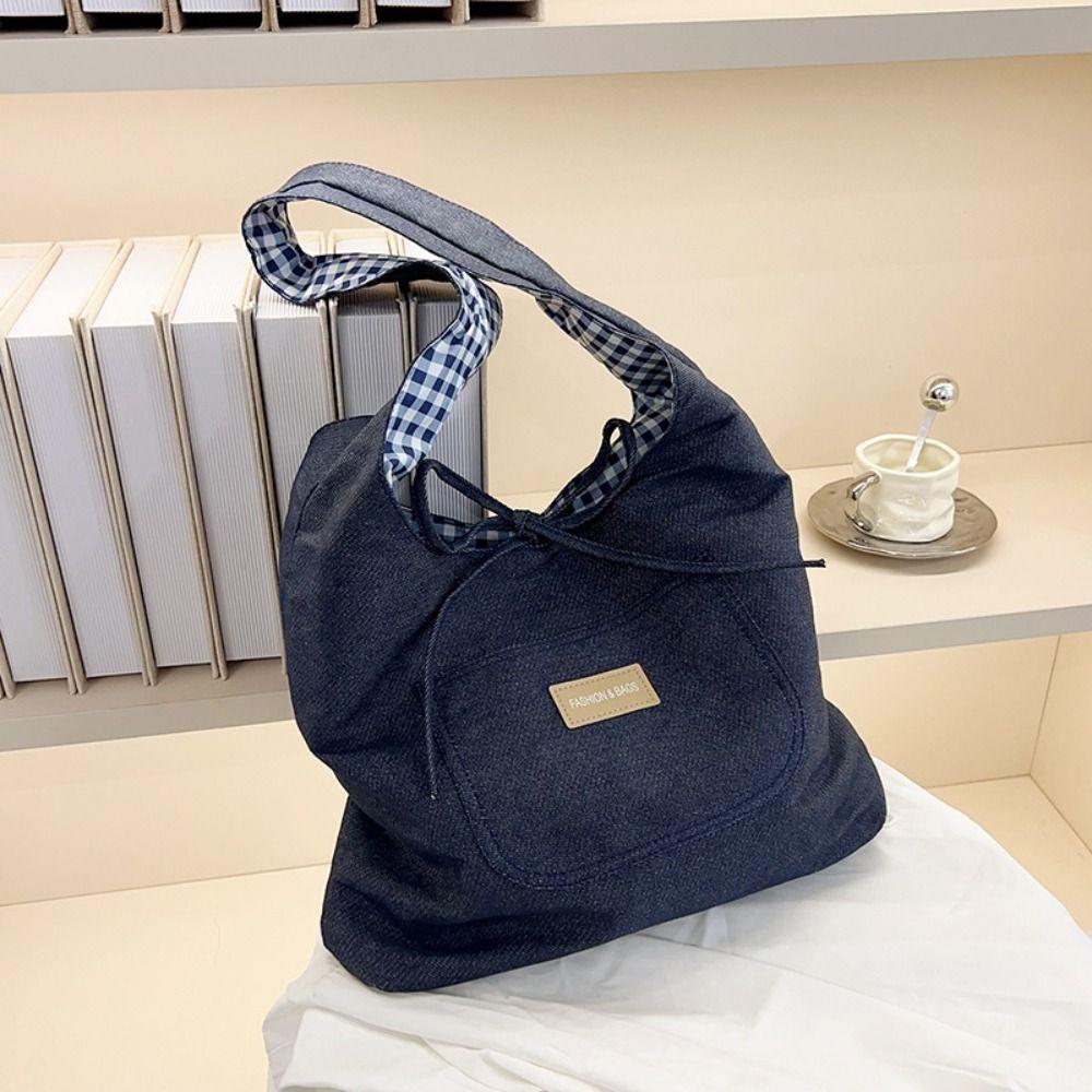 Cloth Denim Shoulder Bag Japanese Style Canvas Tote Bag Double Sided Plaid Denim Vest Bag  Travel