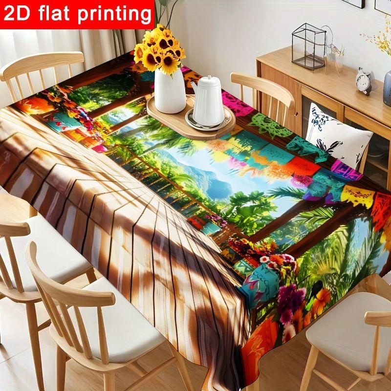1pc Tropical Floral Tablecloth - Colorful Polyester Table Cover with Vibrant Flower Design, Reusable & Easy to Clean for Birthday Party, Holiday, Gath